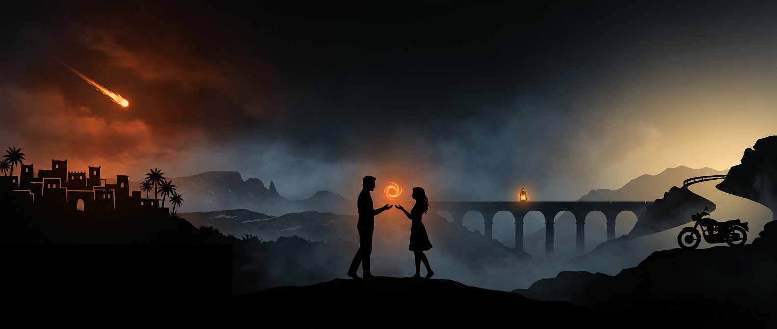 Silhouette art: a meteor streaks over a village of palms, two figures hold a glowing spiral between them, a lantern burns on a stone viaduct, and a motorcycle waits on a mountain road.